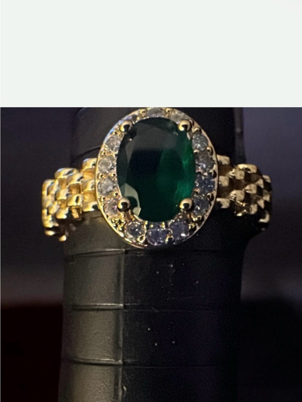 Gold-Plated Ring with Emerald Green Oval Center and Diamond Halo